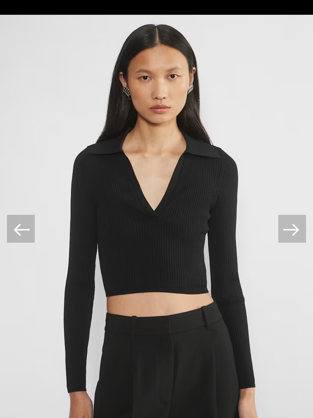 Babaton Contour Polo Longsleeve Cropped Sculpt Knit Top in Black